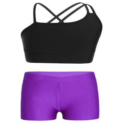 YEAHDOR Kids Girls 2 Piece Ballet Jazz Dance Costume Gymnastic Outfit Crop Top with Shorts Pantskirt Outfit Black&Purple 12
