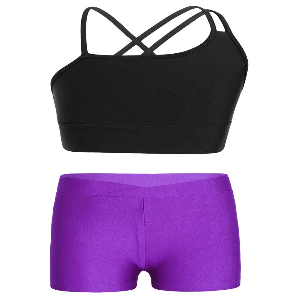 YEAHDOR Kids Girls 2 Piece Ballet Jazz Dance Costume Gymnastic Outfit Crop Top with Shorts Pantskirt Outfit Black&Purple 12