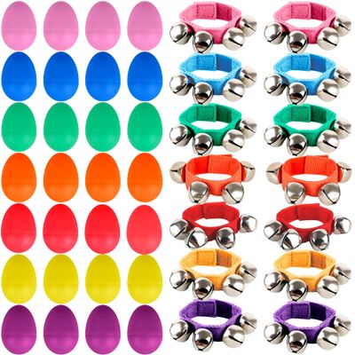 42 Pcs Shaker Musical Instruments Set Include 28 Pcs Colorful Egg Shaker and 14 Pcs Wrist Hand Band Jingle Bells for Musical Learning Toy Birthday Gift Christmas Party Favors , 7 Colors
