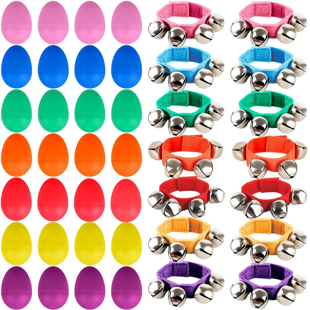 42 Pcs Shaker Musical Instruments Set Include 28 Pcs Colorful Egg Shaker and 14 Pcs Wrist Hand Band Jingle Bells for Musical Learning Toy Birthday Gift Christmas Party Favors , 7 Colors