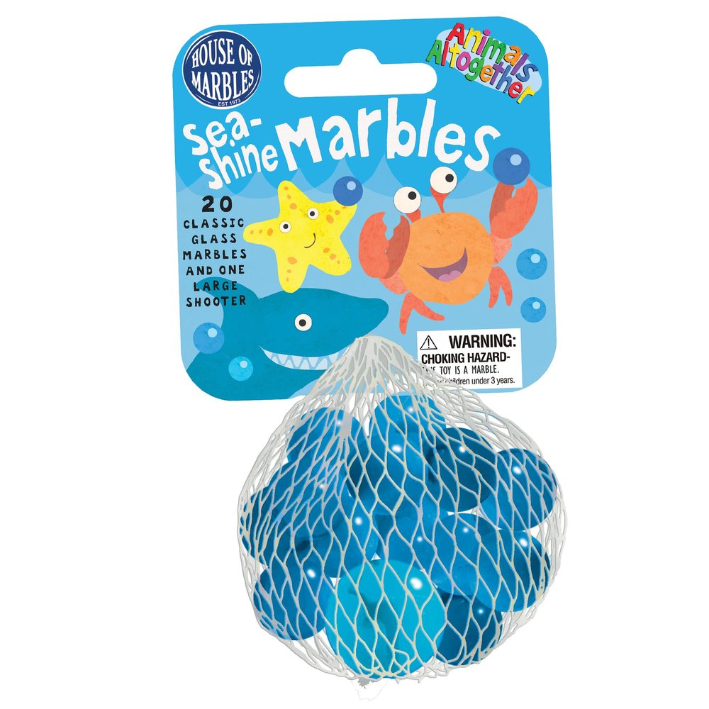House of Marbles Sea-Shine Net Bag of Marbles - 21-Piece Sea Blue Glass Marble Set with 1 Shooter & 20 Player Marbles for Games, Marble Runs, Collecting & Gifts