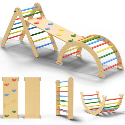 CMFYDAILY 5 in 1 Montessori Pikler Triangle Climbing Set, Large Indoor Foldable Wooden Baby Climbing Gym Climber with Arch Slide for Toddler 1-3