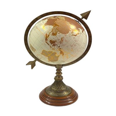 Brass World Map Globe on Wooden Base with Arrow, Rotating Globe, Educational World Map Globe, Home & Office Desk Dcor