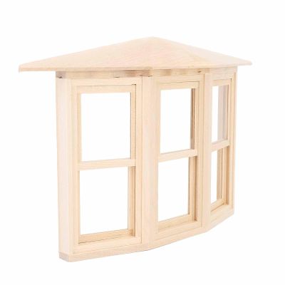 1:12 Dollhouse Window Birch Wood Exquisite Lifelike Miniature Window 45 Degree Three Sided Sliding Bay Window Model for DIY Asseccories