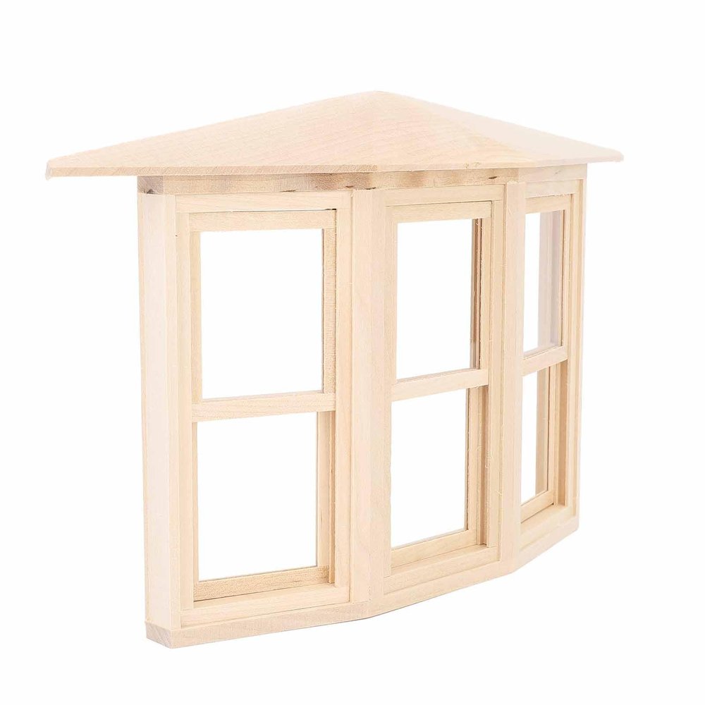 1:12 Dollhouse Window Birch Wood Exquisite Lifelike Miniature Window 45 Degree Three Sided Sliding Bay Window Model for DIY Asseccories