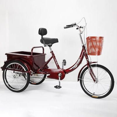 TT-YEL Vintage Tricycle, 3 Wheel Thick Tire Cruiser Trike with Adjustable Seat Height, Outdoor Sports Shopping Bike with Large Capacity Cargo Box and Seat Back,Red