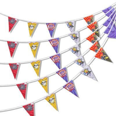 36 Pcs Hero Triangle Banner, 11m/36ft Colorful Hero Theme Pennant Banner Flags Cartoon Theme Party Decorations Hero Flag Backdrop for Kids Birthday Baby Shower Photo Decoration