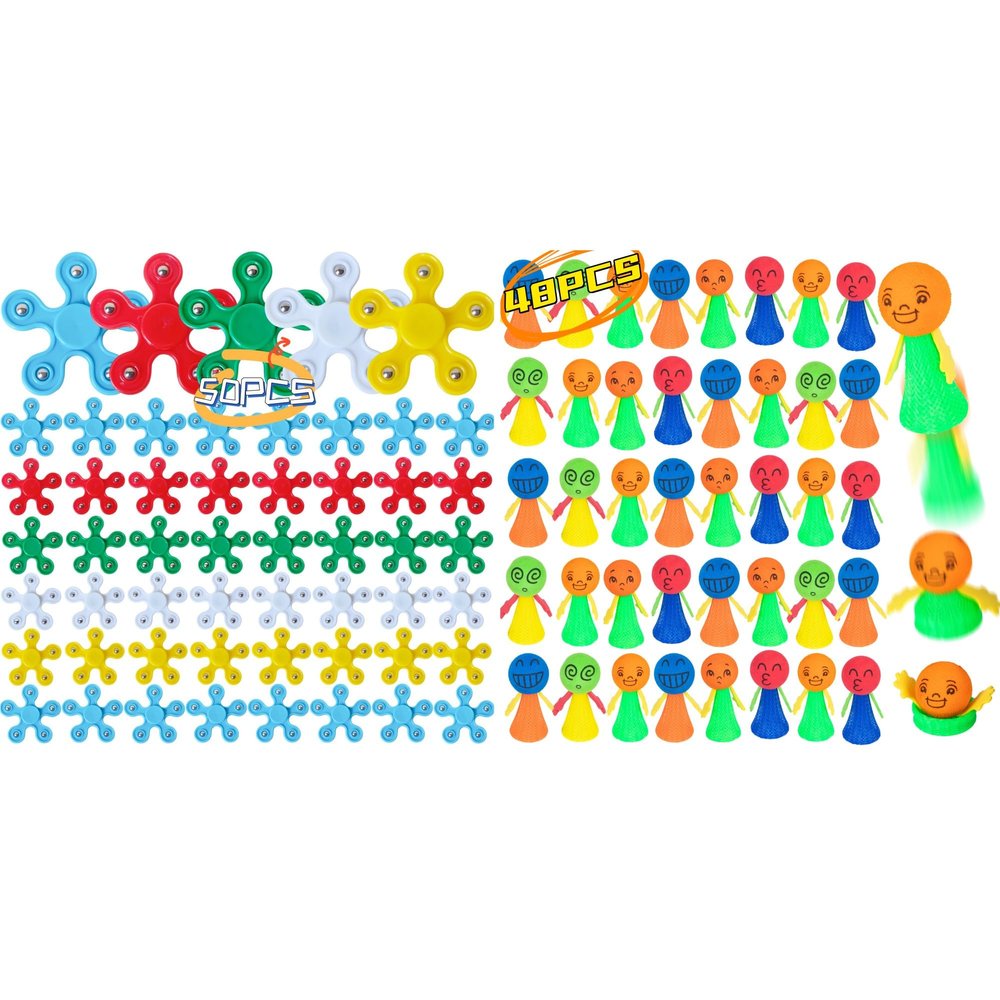 50 Pcs Fidget Spinners+48Pcs Jumping Spring Rockets Launchers Toys Bulk-Fidget Emoticon Popper Toy Party Favors for Kids-Birthday Return Gifts-Goodie Bags Stuffers-Classroom Prizes