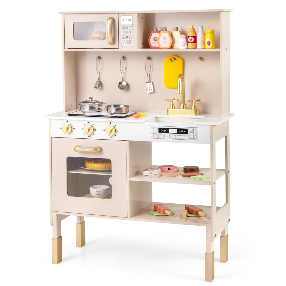 Costzon Play Kitchen for Kids, Height Adjustable Kids Kitchen Playset with Real Lights & Sounds, Microwave, Oven, Stoves, Sink & Faucet, Play Food, Toy Kitchen Set for Toddlers Boys Girls Ages 3+