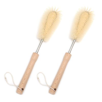 UPTALY 2 pcs 30 cm Nylon Bottle Brushes, Beech Wood Handle, with Stainless Steel Pole, Elbow Head, for Bottle, Vessels, Water Jag, Cup, Jar, Pot, Tumbler, Dish