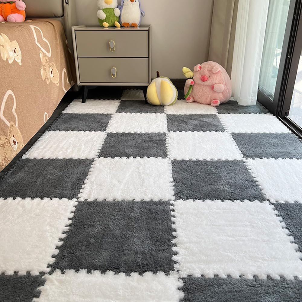 10Pcs EVA Foam Play Mat 12x12inch Plush Square Interlocking EVA Foam Floor Tiles,Anti-Slip Play Area Rug Living Room Bedroom Gym Floor Protector (White Grey,0.24'' Thick)