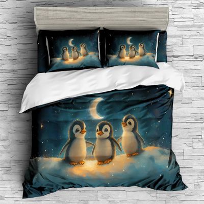 REALIN Arctic Night View Penguin Duvet Cover Set Cartoon Cute Penguin Bedding Girl Boy Kids Bed Sets 3/4PCS Quilt Covers/Sheets/Pillow Shams,Twin/Full/Queen/King (B,Full-200x229cm-3PCS)