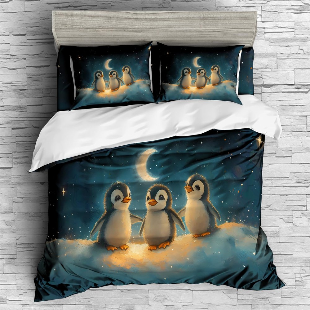REALIN Arctic Night View Penguin Duvet Cover Set Cartoon Cute Penguin Bedding Girl Boy Kids Bed Sets 3/4PCS Quilt Covers/Sheets/Pillow Shams,Twin/Full/Queen/King (B,Full-200x229cm-3PCS)