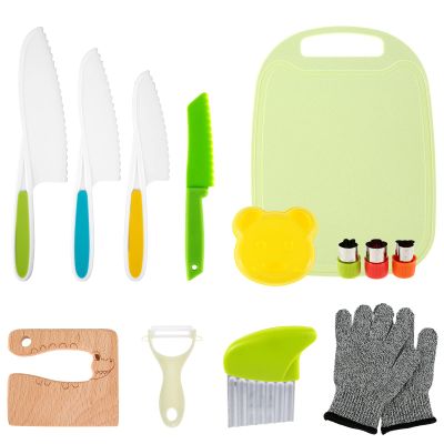 US 13Pcs Kids Kitchen Cutter Set with Gloves Serrated Edge Cutter Cutting Board Portable Safe Kids Cooking Cutter with Potato Slicer Bear Sandwich Wooden Cutter Reusable for Real Cooking Kitchen