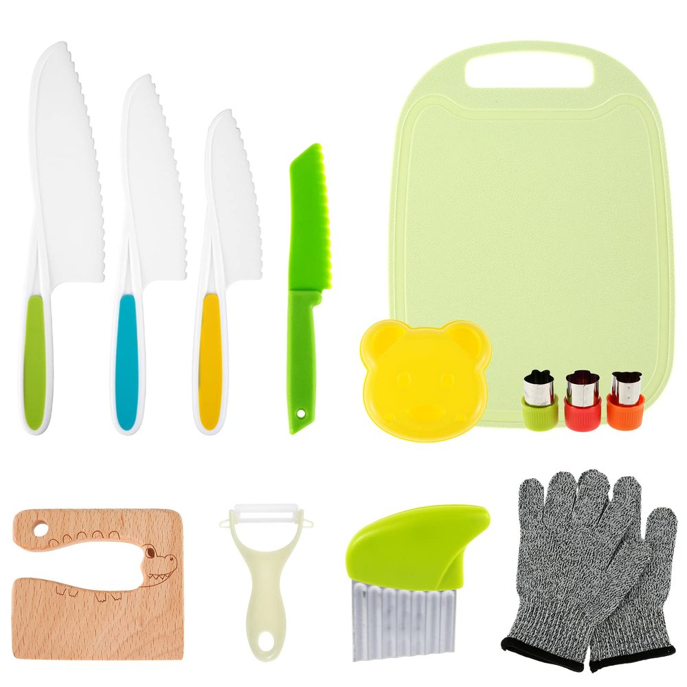 US 13Pcs Kids Kitchen Cutter Set with Gloves Serrated Edge Cutter Cutting Board Portable Safe Kids Cooking Cutter with Potato Slicer Bear Sandwich Wooden Cutter Reusable for Real Cooking Kitchen