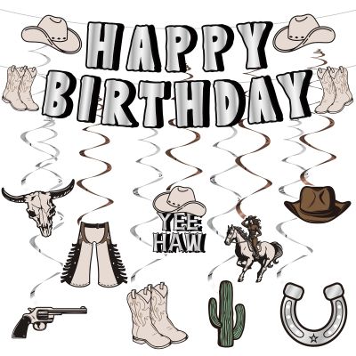19pcs Western Party Decorations Silver Foil Wild West Birthday Banners Hanging Swirls for Cowgirl Cowboy Western Birthday Baby Shower Bachelorette Party Supplies