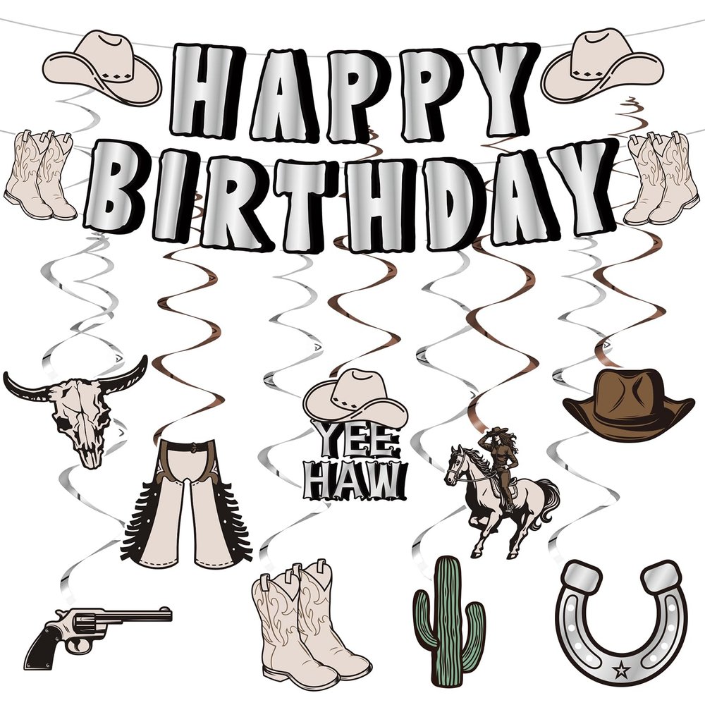 19pcs Western Party Decorations Silver Foil Wild West Birthday Banners Hanging Swirls for Cowgirl Cowboy Western Birthday Baby Shower Bachelorette Party Supplies