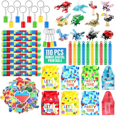 110 Pcs Building Blocks Party Favors with Keychain Animal Building Blocks Slap Bracelets Bubbel Stickers and Gift Box for Kids Birthday Party Supplies