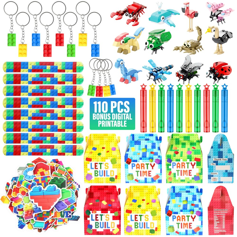 110 Pcs Building Blocks Party Favors with Keychain Animal Building Blocks Slap Bracelets Bubbel Stickers and Gift Box for Kids Birthday Party Supplies
