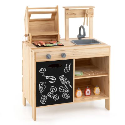 Costzon Kids Grill Playset with Chalkboard, Wooden Kids BBQ Playset with Play Food, Grilling Tools and Pretend Play Cooking Accessories, Toy Grill Gift for Boys Girls Ages 3+