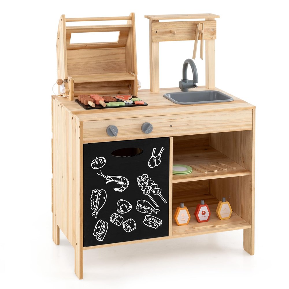 Costzon Kids Grill Playset with Chalkboard, Wooden Kids BBQ Playset with Play Food, Grilling Tools and Pretend Play Cooking Accessories, Toy Grill Gift for Boys Girls Ages 3+