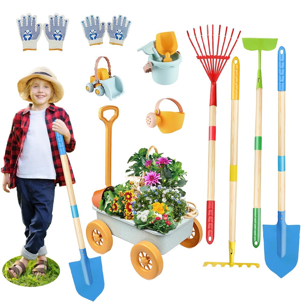 Mostop Kids Gardening Tools Set, Gardening Set for Kids, Outdoor Backyard Farm Digging Toys with Wheelbarrow, Metal Shovel, Rake, Leaf Rake, Outside Garden Wagon Toys Birthday Gifts for Boys Girls 4-8