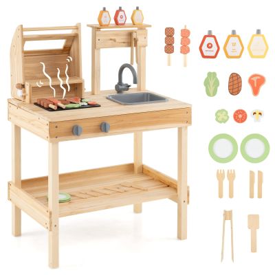 Costzon Kids Grill Playset, Wooden Kids BBQ Playset with Play Food, Grilling Tools and Pretend Play Cooking Accessories, Toy Grill Gift for Boys Girls Ages 3+