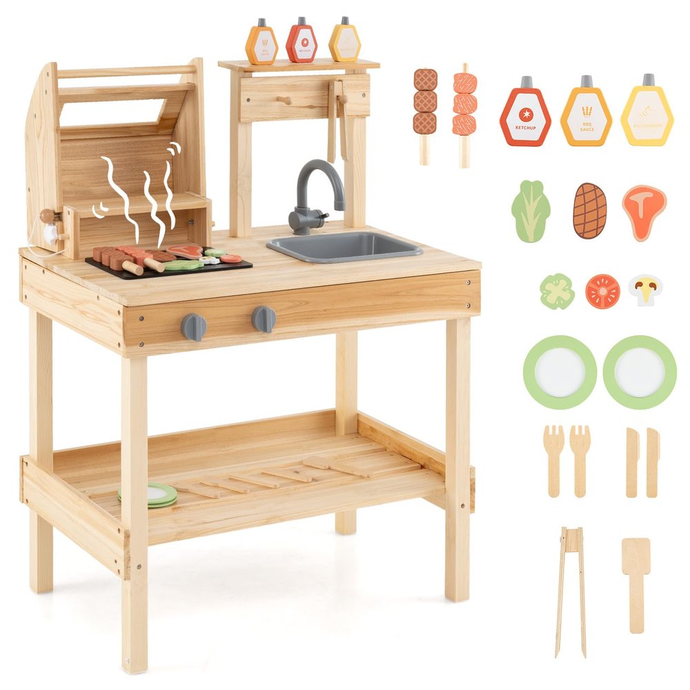 Costzon Kids Grill Playset, Wooden Kids BBQ Playset with Play Food, Grilling Tools and Pretend Play Cooking Accessories, Toy Grill Gift for Boys Girls Ages 3+