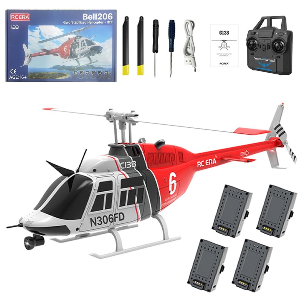 Retropo RC ERA C138 1/30 Scale 206 Helicopter for Adult, 2.4G 6CH No Aileron Helicopter with Altitude Hold and Optical Flow Positioning, 4 Batteries (RTF Version/Red&Black&White)