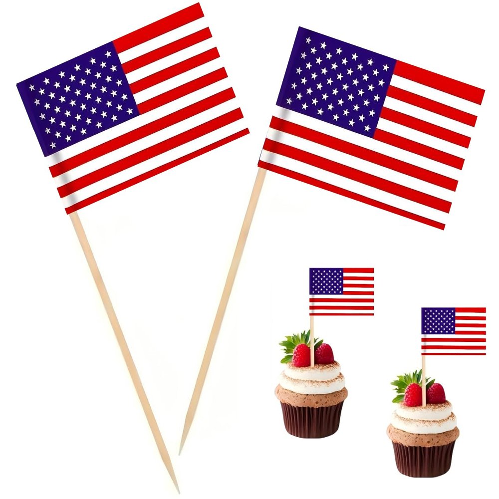 100 Pcs USA American Flag US Toothpick Flags, Cocktail Picks Mini Stick Cupcake Toppers Country Picks Party Decoration Celebration Cocktail Food Bar Cake Flags 