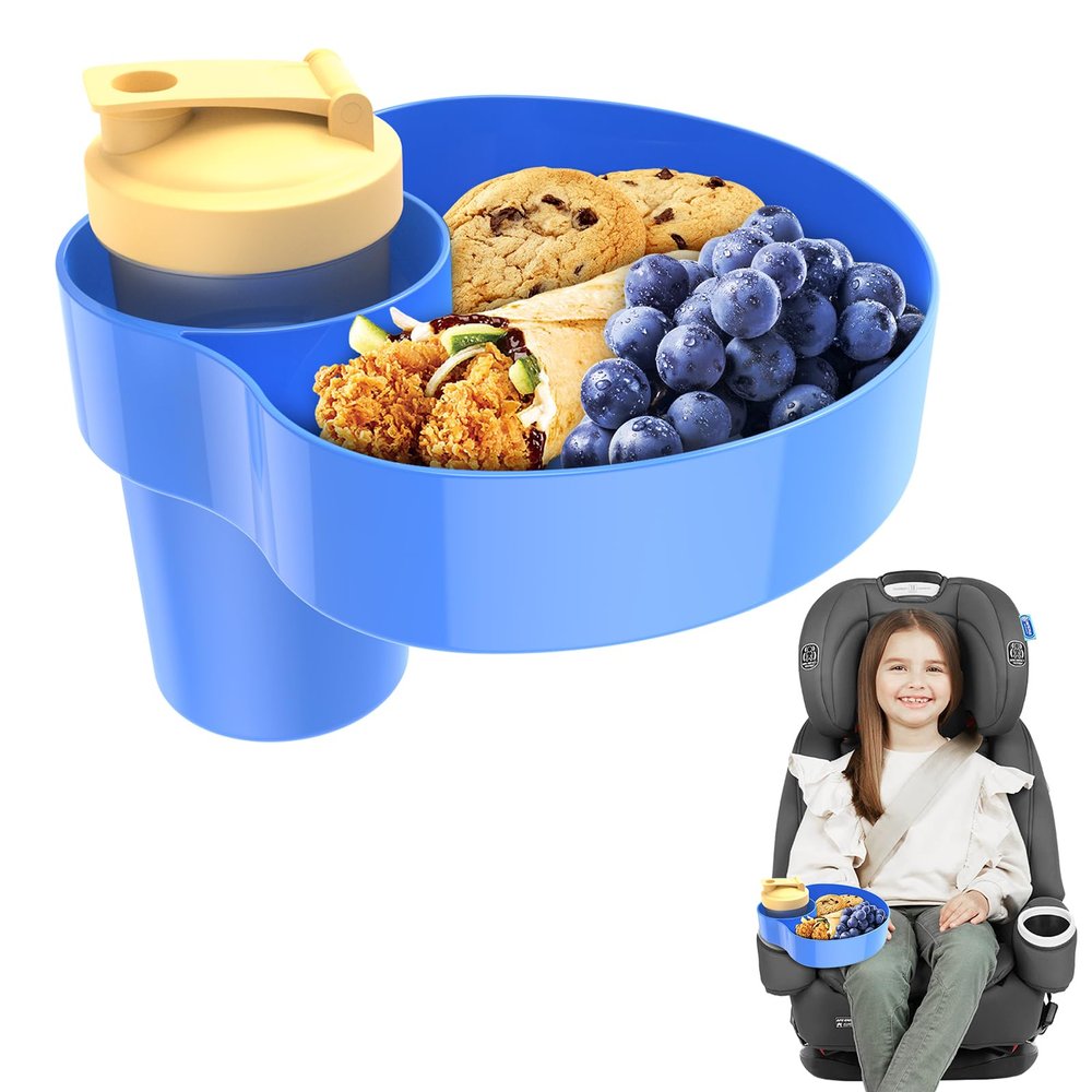 2PCS Resptasski Car Seat Cup Holder Snack Tray for Kids Travel Tray for Car, Booster, Stroller, Outdoor Essentials Kit. Universal Adjustable Tray with Detachable Base for Snacks, Toys, Food (Blue)
