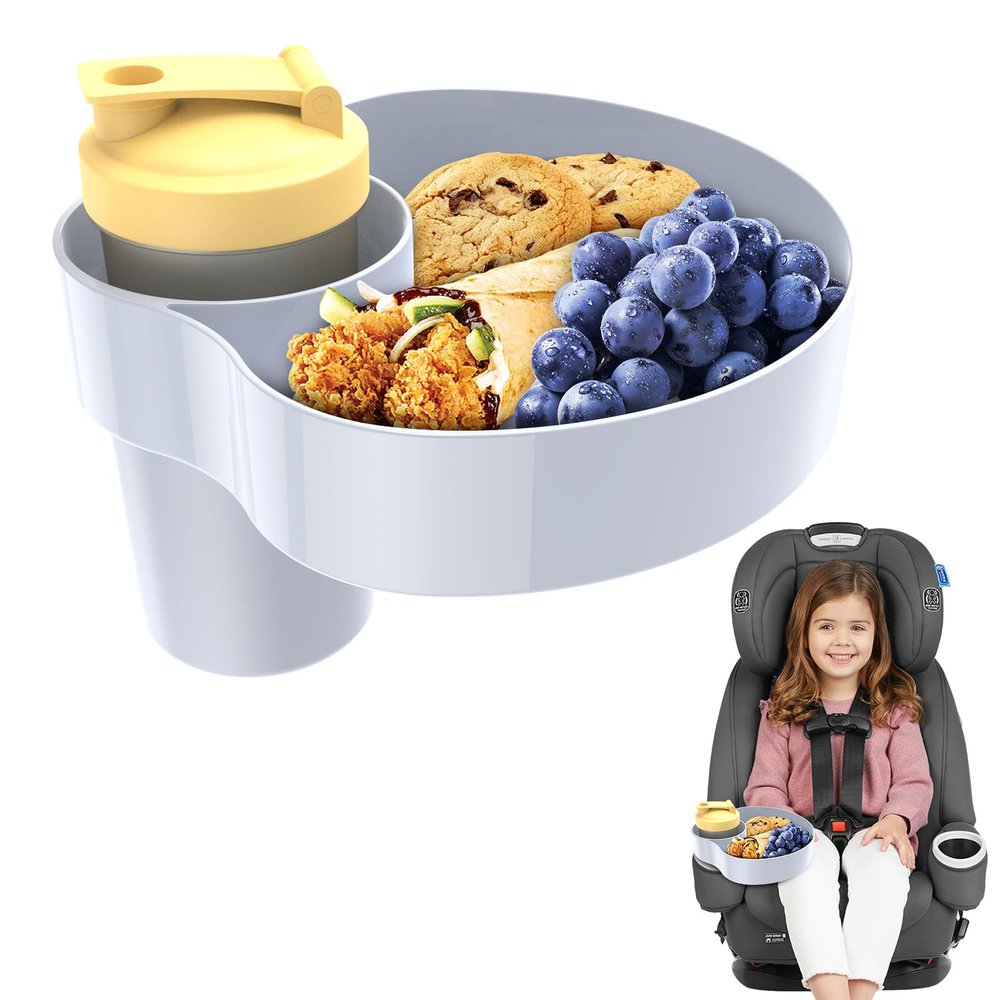 2PCS Resptasski Car Seat Cup Holder Snack Tray for Kids  Travel Tray for Car, Booster, Stroller, Outdoor Essentials Kit. Universal Adjustable Tray with Detachable Base for Snacks, Toys, Food (Grey)