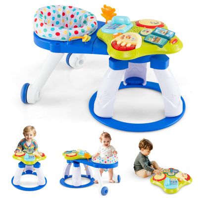 BABY JOY 3 in 1 Walk Around Baby Activity Center, Discovery Play Center with Interactive Toys & Music, Wheels, 3 Adjustable Seat Heights, Toddler Activity Table for Boys Girls 6-36 Months (Blue)