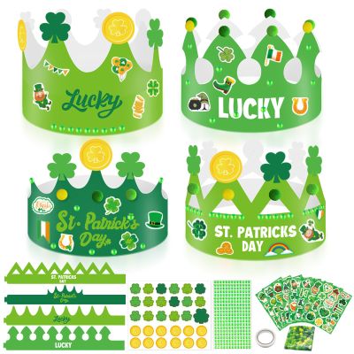 24 Set St. Patricks Day Crown Craft Kit,Green Shamrock Clover Gold Coin DIY Crown Hat St. Patrick's Art Craft Ornaments Making Crafts for Toddler Classroom Activities Irish Party Favor Supplies