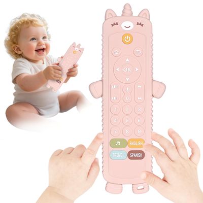 Baby TV Remote Toy with Unicorn Silicone Cover - Lights & Sounds Interactive Learning Toy (3 Languages: English/Spanish/French), 50+ Musical Sounds, Perfect 1 2 Year Old Gift for Boys & Girls
