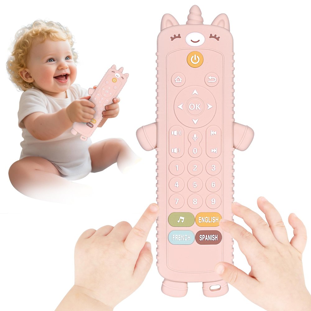 Baby TV Remote Toy with Unicorn Silicone Cover - Lights & Sounds Interactive Learning Toy (3 Languages: English/Spanish/French), 50+ Musical Sounds, Perfect 1 2 Year Old Gift for Boys & Girls
