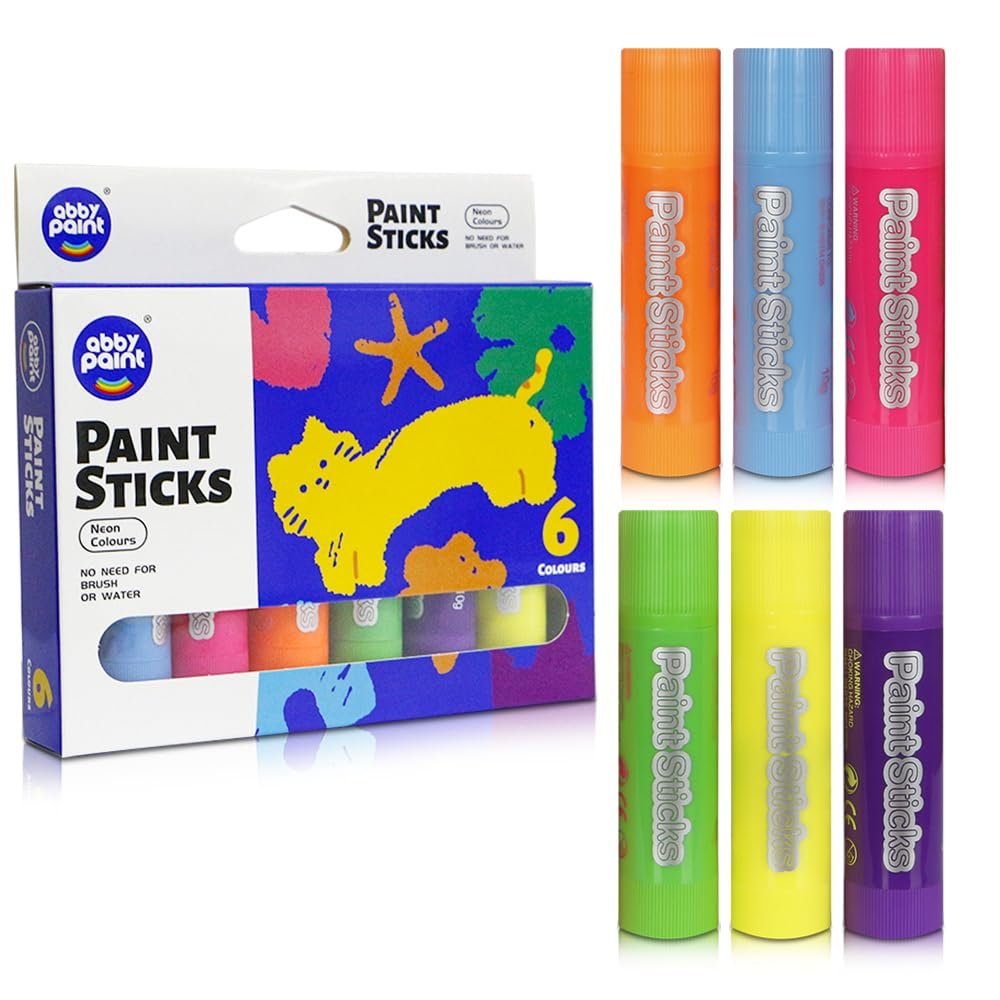 6 Neon Colors Tempera Paint Sticks, Mess Free, Quick Drying, Washable Paint for Kids, Non Toxic for Toddlers