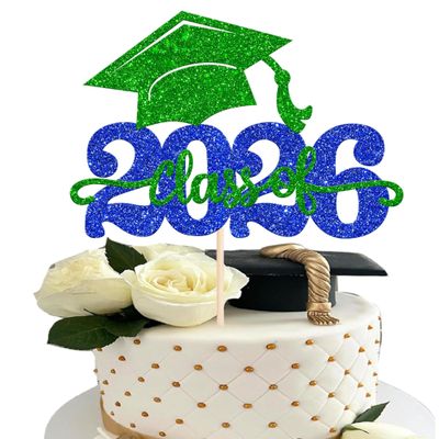 1 Pack Class of 2026 Cake Topper Glitter Congrats Grad Cap 2026 Graduation Cake Pick for 2026 Graduation Theme High School Boys Girls Graduate Party Cake Decorations Supplies Blue Green