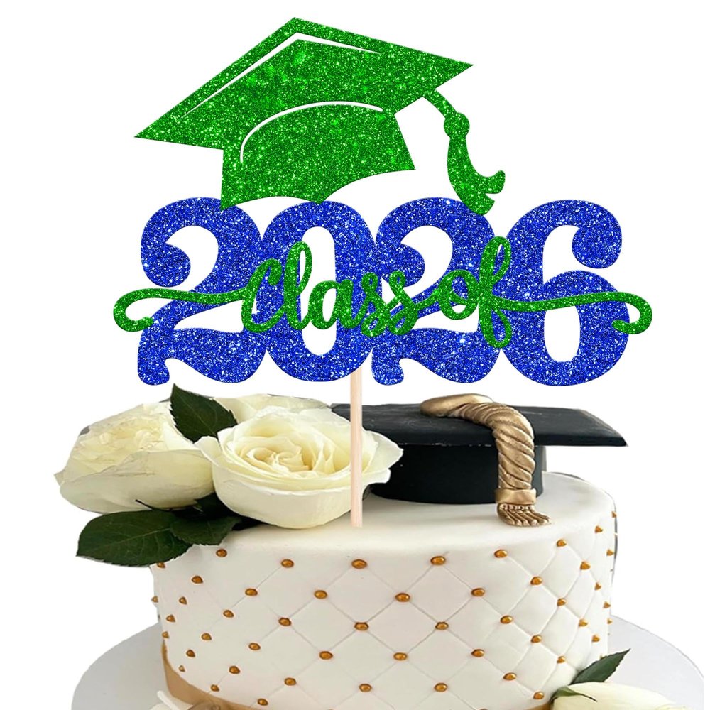 1 Pack Class of 2026 Cake Topper Glitter Congrats Grad Cap 2026 Graduation Cake Pick for 2026 Graduation Theme High School Boys Girls Graduate Party Cake Decorations Supplies Blue Green