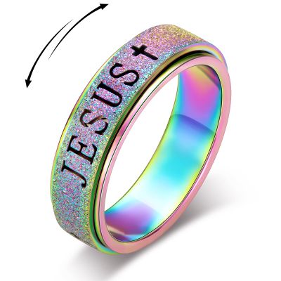 OreilleStar Fidget Spinner Anxiety Ring for Women: Fidget Toys Adults Cute Jesus Thumb Ring Stainless Steel Gold Silver Size 5 6 7 8 9 10 (Rainbow, 8)