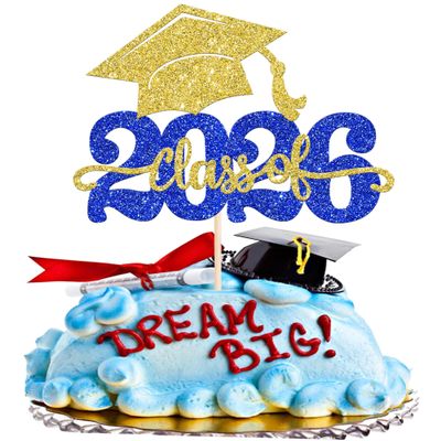 1 Pack Class of 2026 Cake Topper Glitter Congrats Grad Cap 2026 Graduation Cake Pick for 2026 Graduation Theme High School Boys Girls Graduate Party Cake Decorations Supplies Gold Blue