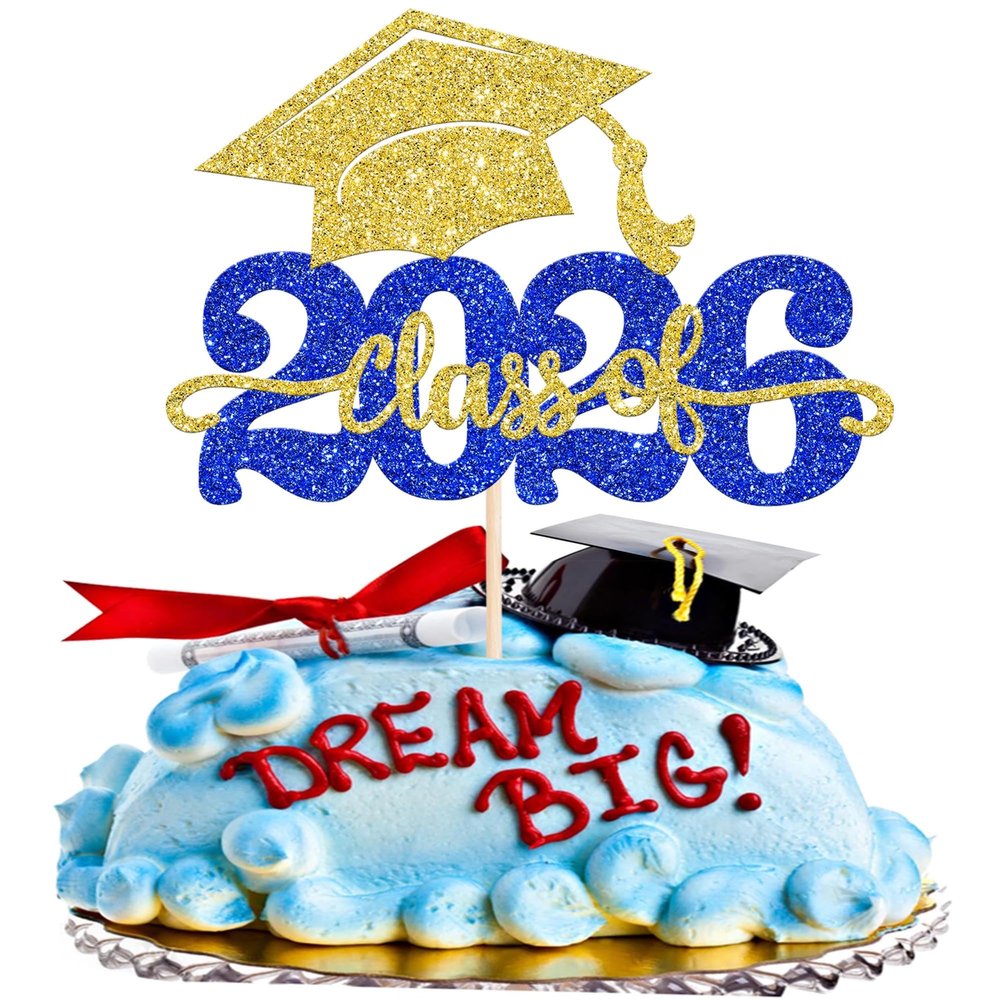 1 Pack Class of 2026 Cake Topper Glitter Congrats Grad Cap 2026 Graduation Cake Pick for 2026 Graduation Theme High School Boys Girls Graduate Party Cake Decorations Supplies Gold Blue