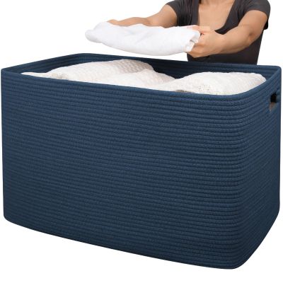 OIAHOMY 118L XXXLarge Cotton Rope Storage Basket, Oversized Blanket Basket, Used for Organizing Dirty Clothes in Living Room, Bedroom, Nursery, Dog Toy Storage Bins, 25" x 17" x 16",Blue