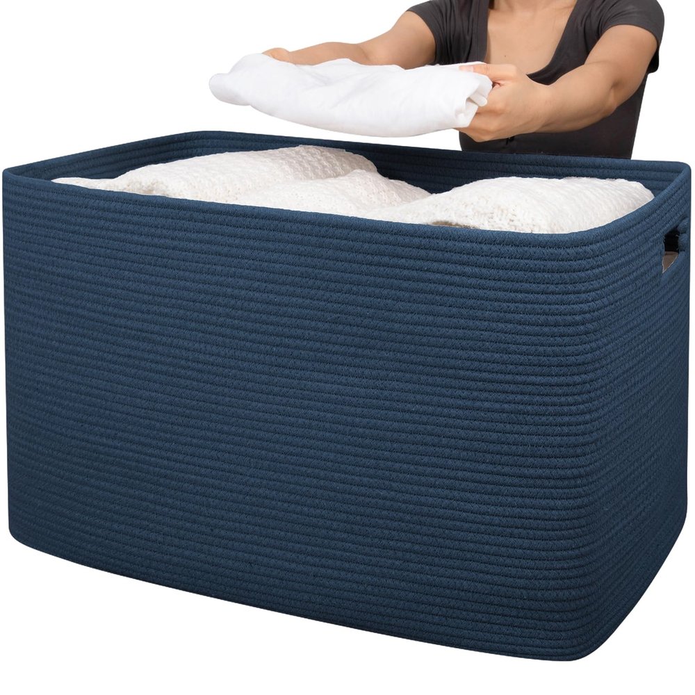 OIAHOMY 118L XXXLarge Cotton Rope Storage Basket, Oversized Blanket Basket, Used for Organizing Dirty Clothes in Living Room, Bedroom, Nursery, Dog Toy Storage Bins, 25" x 17" x 16",Blue