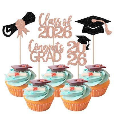 30 Pack 2026 Grad Cupcake Toppers Glitter Class of 2026 Cupcake Picks Congrats Grad Cap Diploma Cupcake Decorations for Senior 2026 Graduation Theme Party Supplies Rose Gold