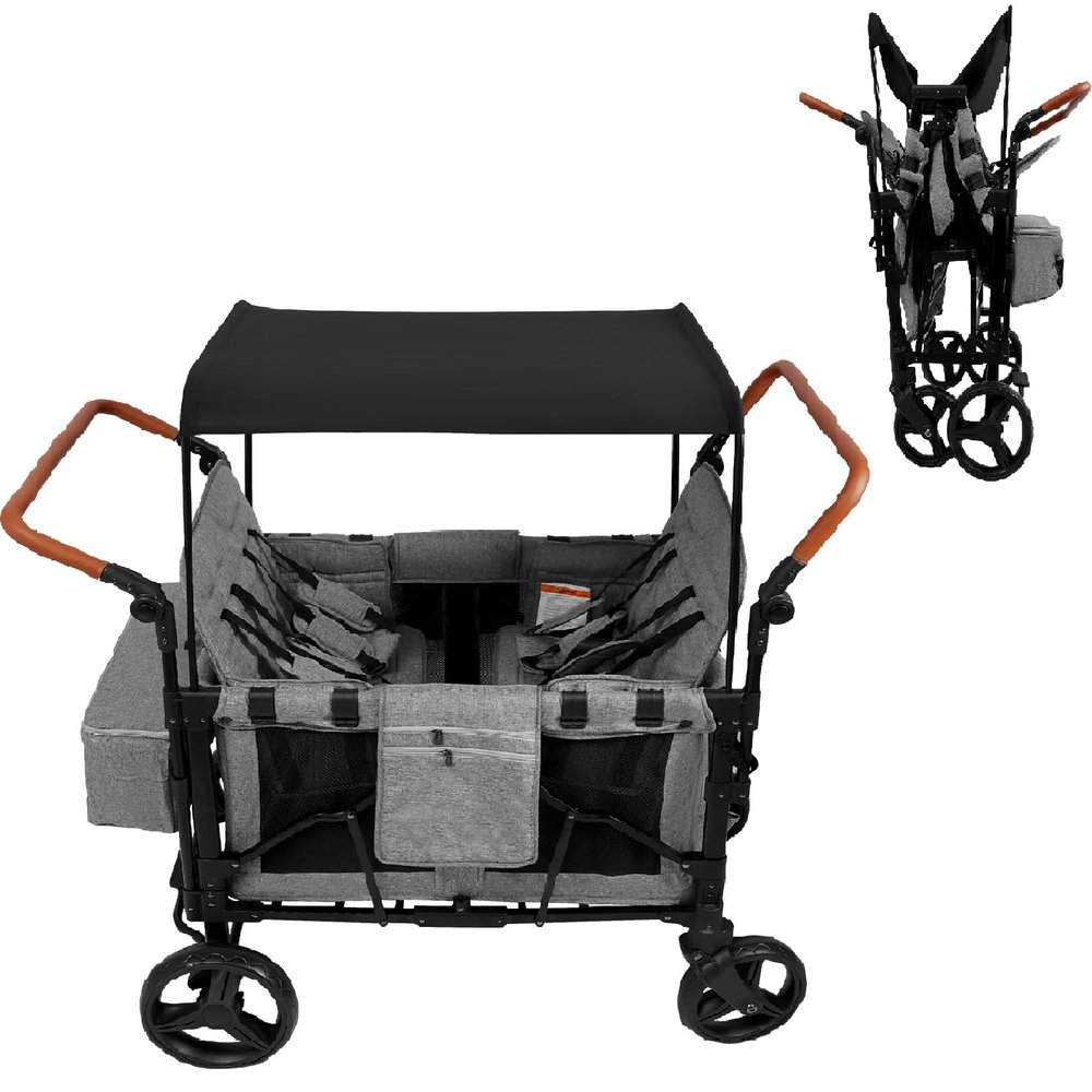 Foldable 4 Seat Wagon Stroller for Kids, Quad Stroller Wagon with Canopy, Adjustable Push/Pull Handles, 5-Point Harnesses, Removable Seat, Double Push Bar Wagon Stroller with Storage Pockets