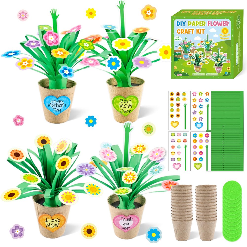 24 Pack Flower Paper Pot Craft Kit for Teachers Gifts Make Your Own Flower DIY Art and Crafts Garden Spring Floral Activity Craft Mother's Day Graduation Gift for Home School Supplies