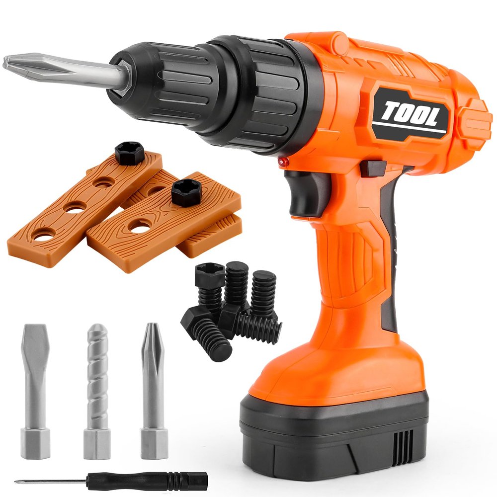 PANPAPA Kids Power Drill and Screw Set,Toy Electric Drill with 3 Interchangeable Drill Bits Sound and Motion,Pretend Play Construction Kids Tool Set Outdoor Preschool Gardening Lawn Toy GiftsOrange