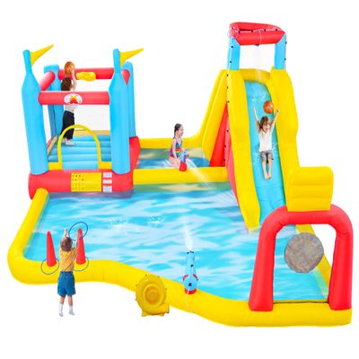 WELLFUNTIME Inflatable Bounce House with Blower, Bouncy Castle with Climbing Wall, Dual Basketball Hoops, Dartboard, Ring Toss