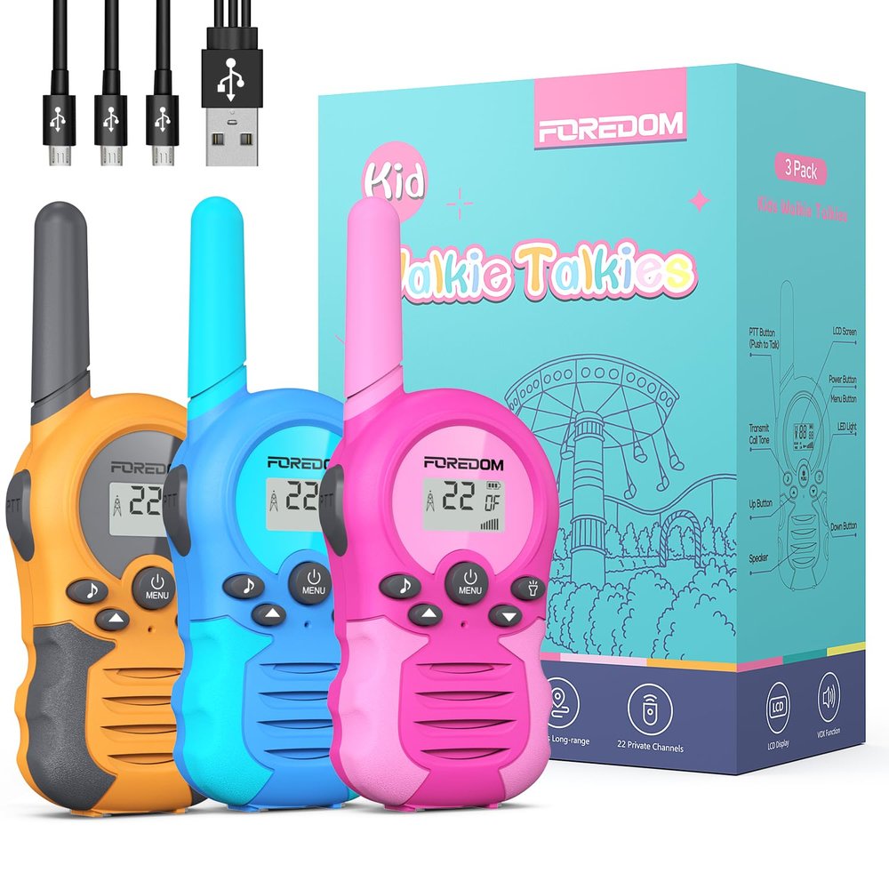 FOREDOM Rechargeable Walkie Talkies for Kids Walkie Talkies Long Range for Boy & Girl Age 3 to 12 Year Old Birthday Toys - 3 Pack